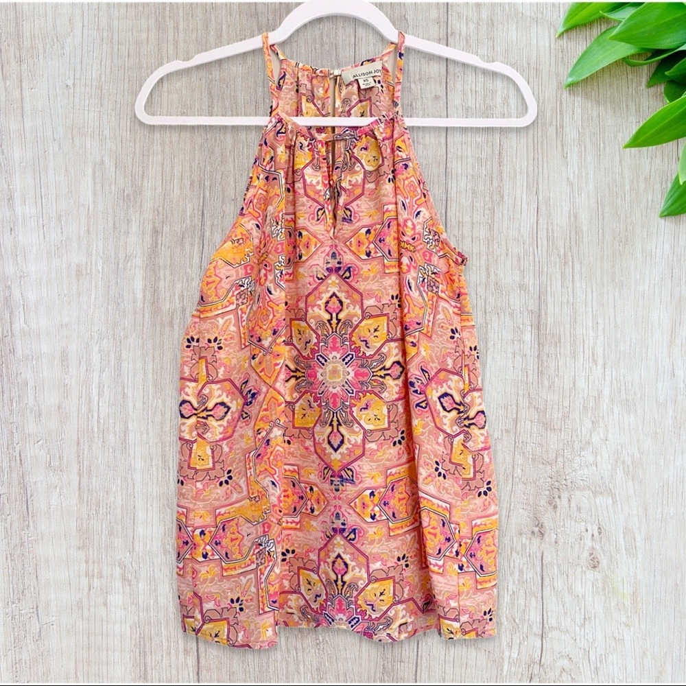 NWOT Evereve Alison Joy Bohemian Pink Tribal Keyhole Neck Sleeveless Blouse, XS